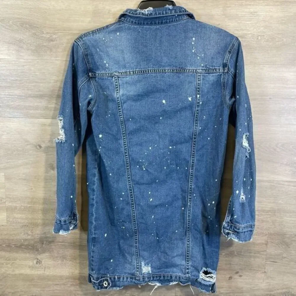 Queen Hearts Womens Long Denim Jacket‎ Blue Size Medium Distressed Grunge Rock - Picture 10 of 12
